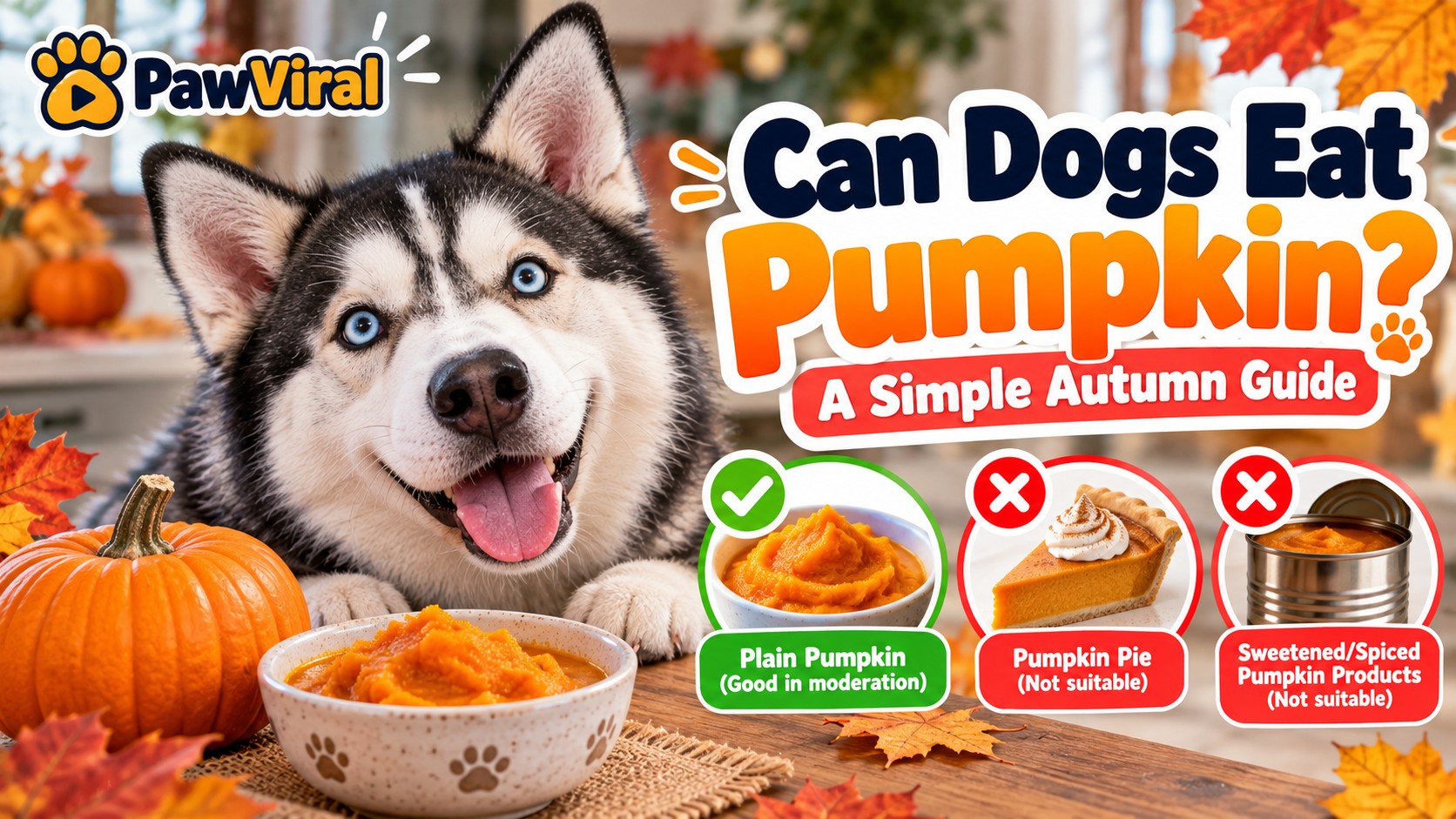 Husky beside plain pumpkin puree in an autumn PawViral guide