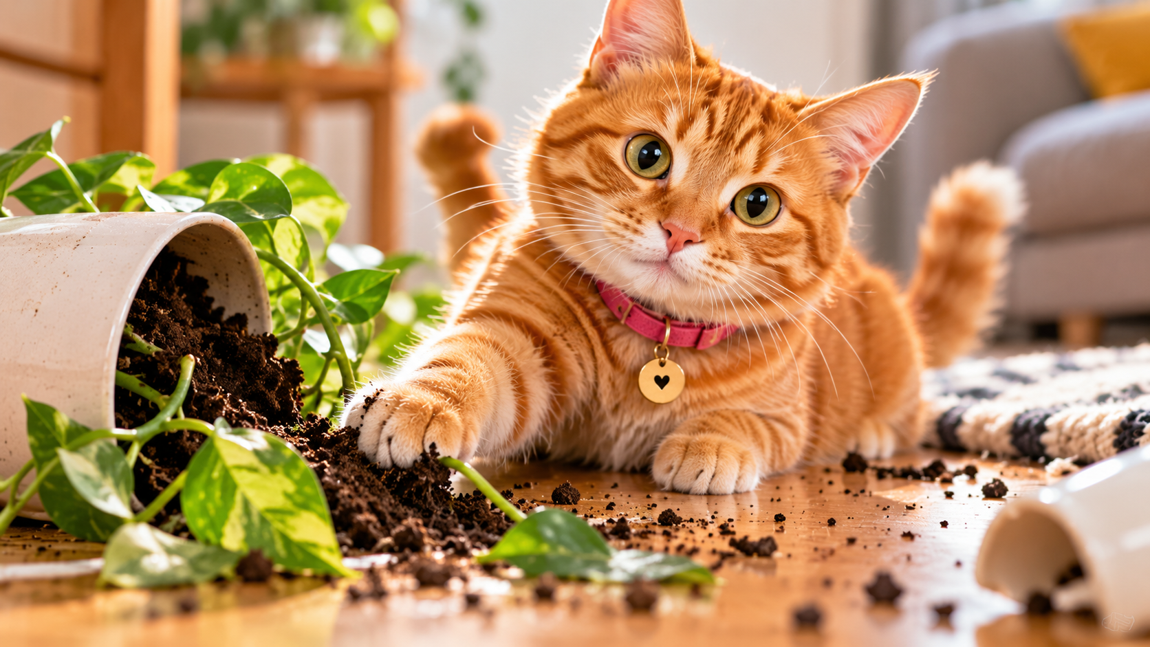 Cleo the orange cat beside a knocked-over houseplant