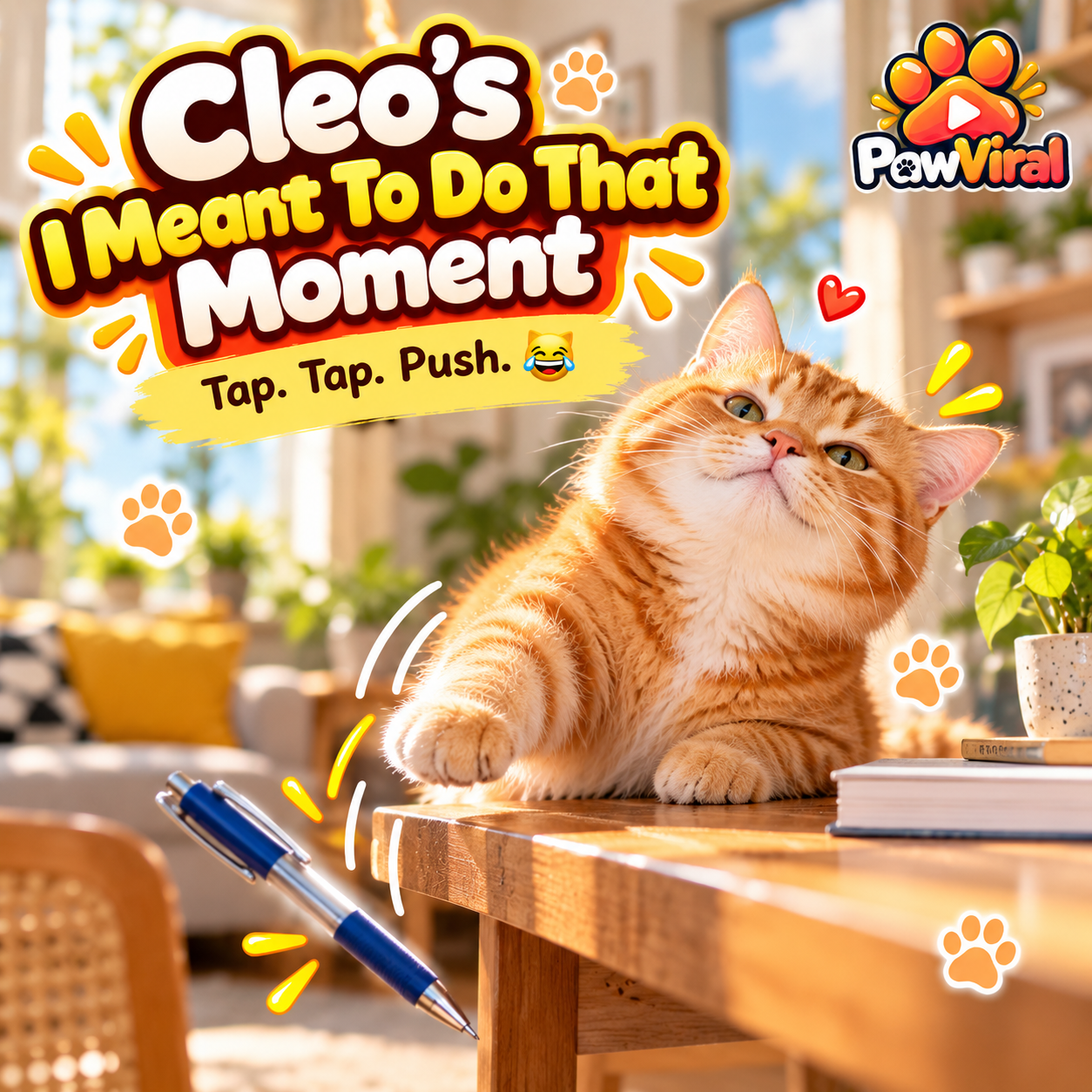 Cleo the AI-generated cat pushing a pen from a table