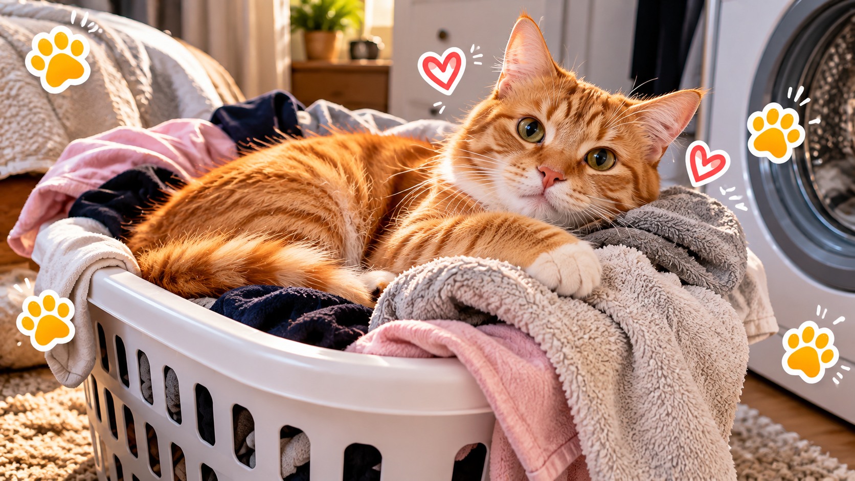 Cleo the orange cat relaxing in a warm laundry basket