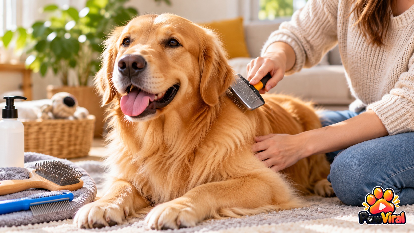 Photograph of a standing Golden Retriever, illustration for grooming article