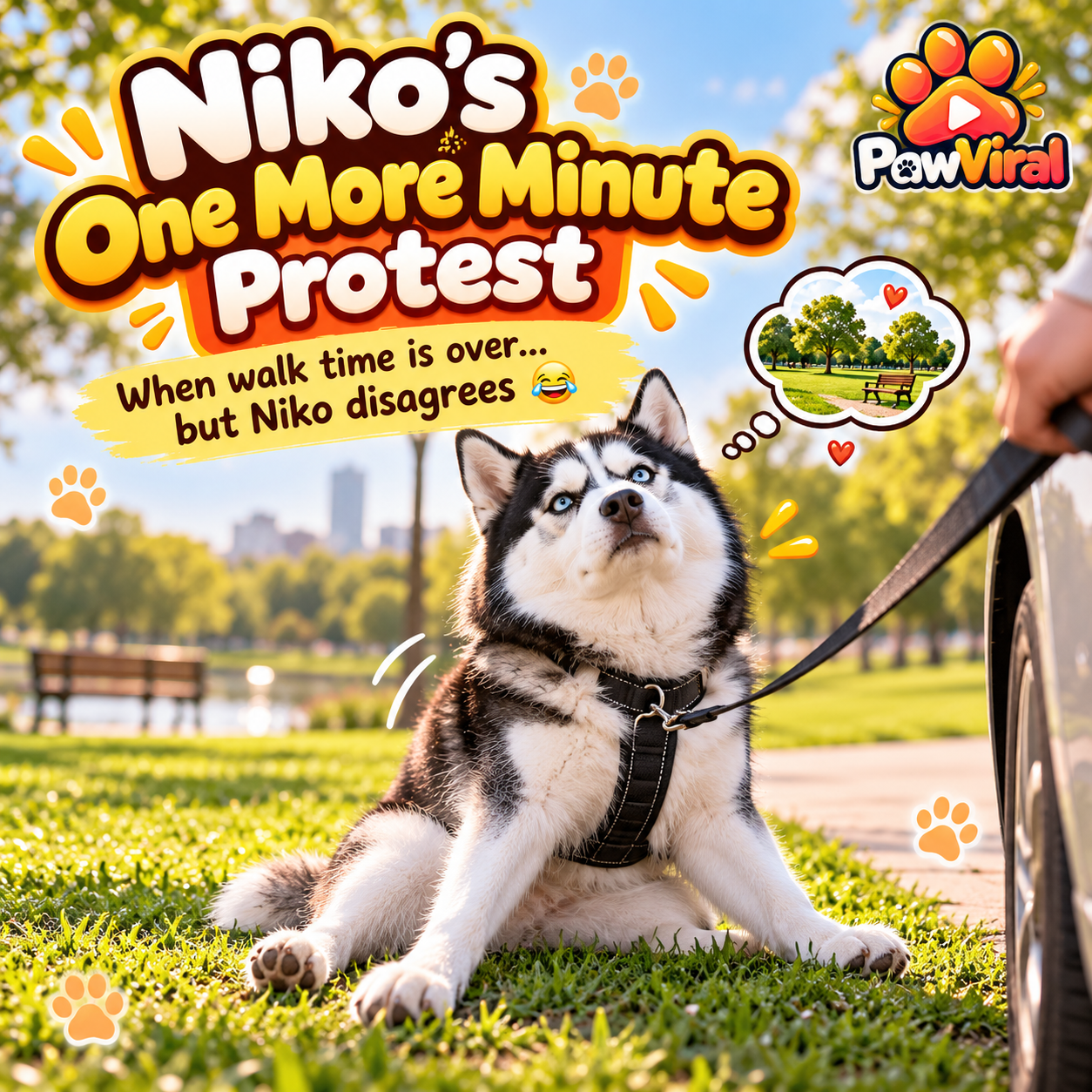 Niko the AI-generated husky protesting at the park