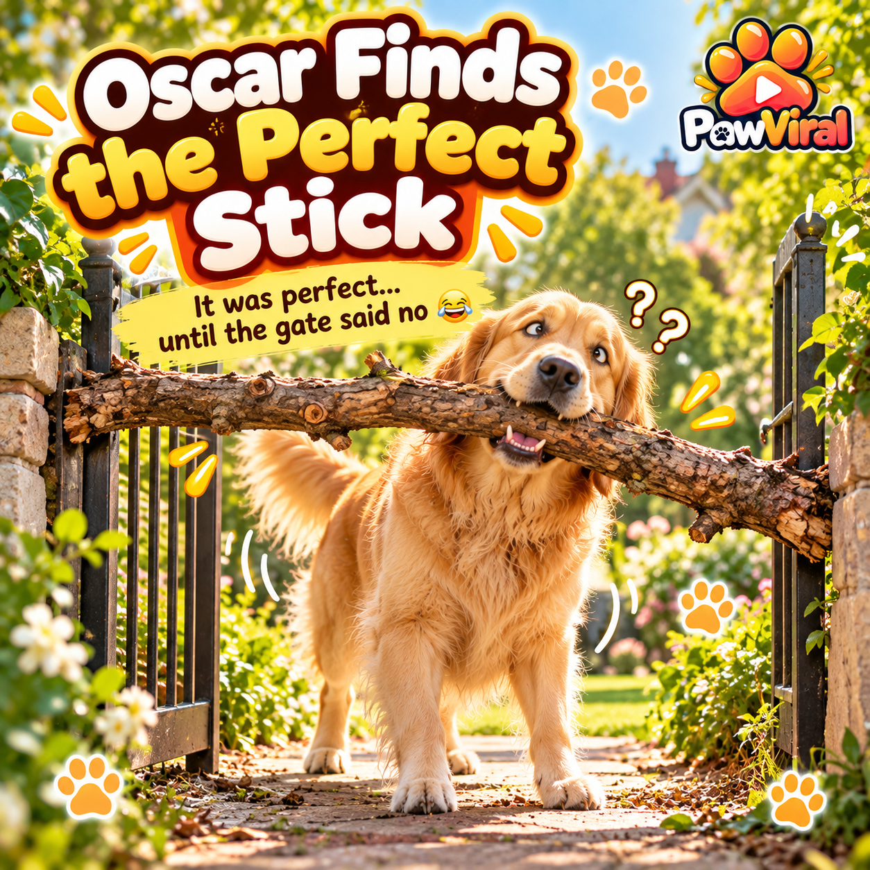 Oscar the AI-generated Golden Retriever carrying an oversized stick