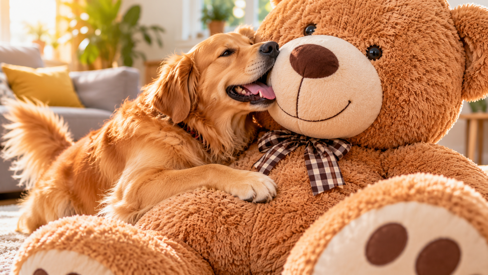 Oscar the Golden Retriever cuddling a giant teddy bear