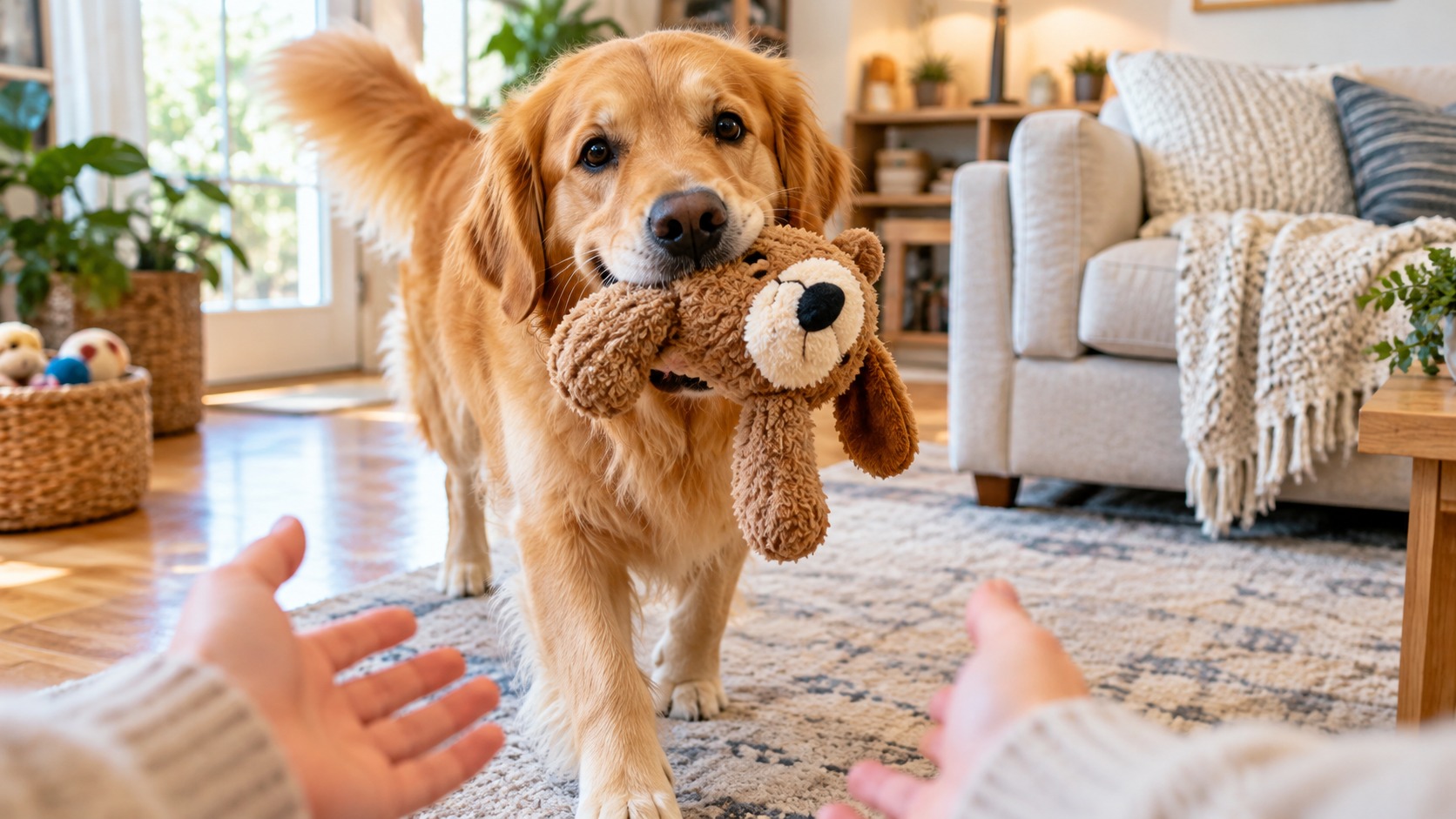 Golden Retriever bringing a plush toy to a person