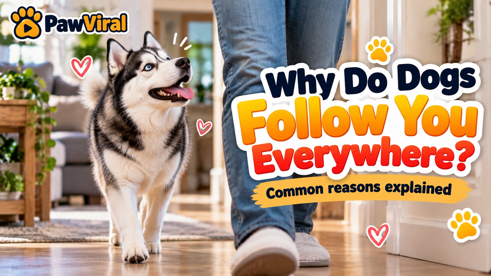 Husky following a person through a home